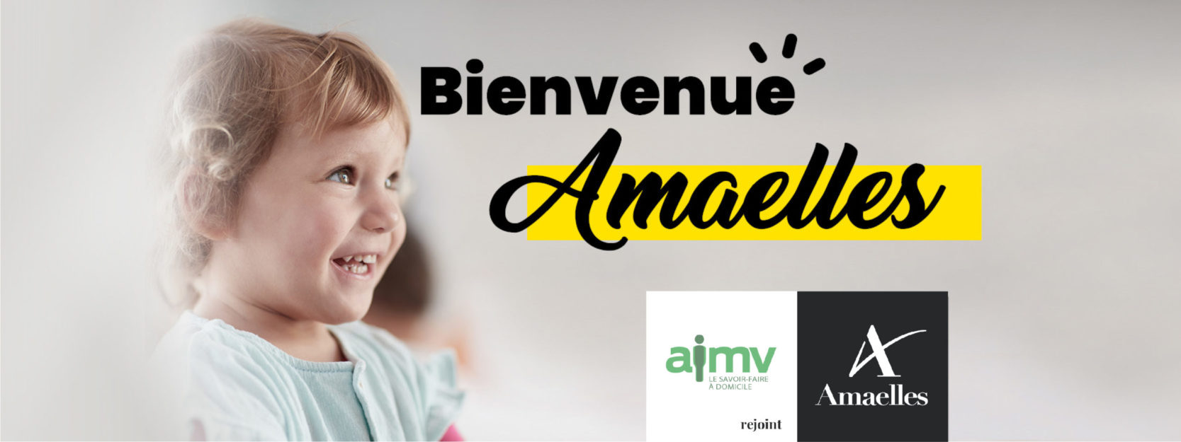 Image d'une enfant d eprofil avec un titre "Bienvenue Amaelles" et en dessous, les logos de l'AIMV et d'Amaelles